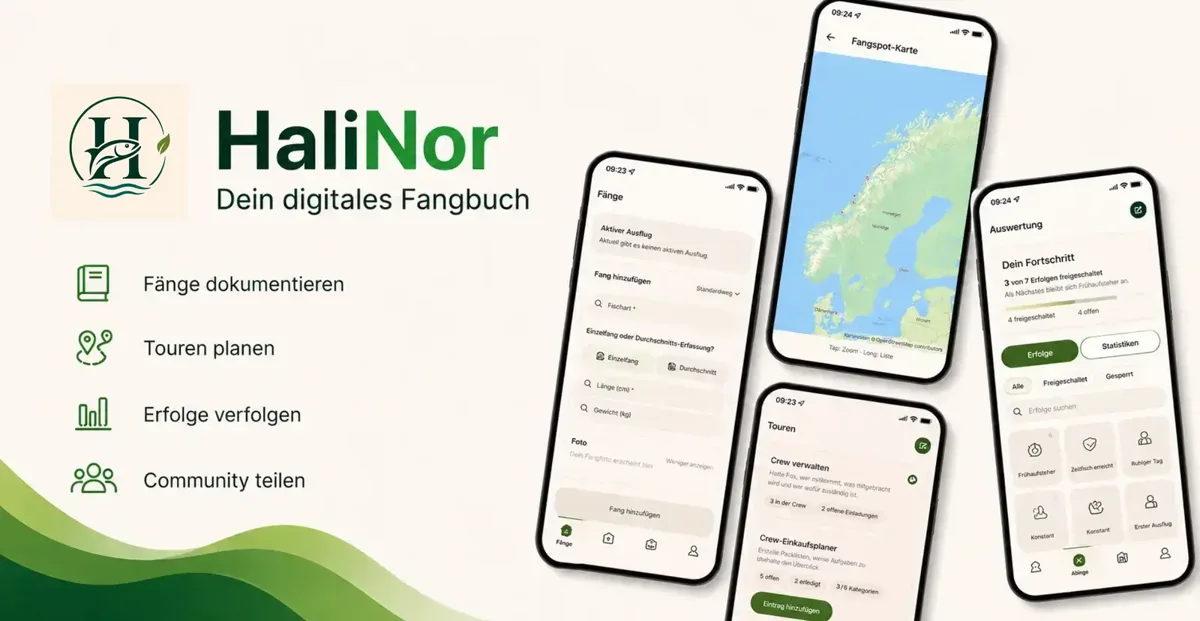 Gelieferte HaliNor-Ansichten mit Fangbuch, Fangspot-Karte, Touren und Auswertung
